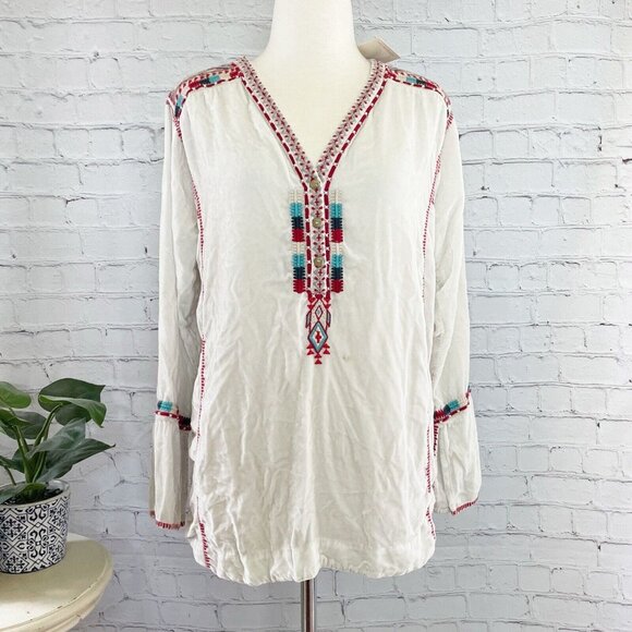 Johnny Was Ybom Aztec Velvet Embroidered Tunic Womens Small White Red Blue - Picture 2 of 9